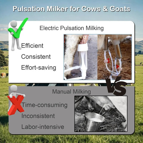 Comparison of electric pulsation milking with manual, featuring 14L Portable Electric Milking Machine For Cows And Goats Rechargeable Vacuum Pump