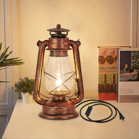 Rustic Lantern Table Lamp With Glass Shade For Living Room And Bedroom, Vintage Vibe Nightstand Light on a cozy desk