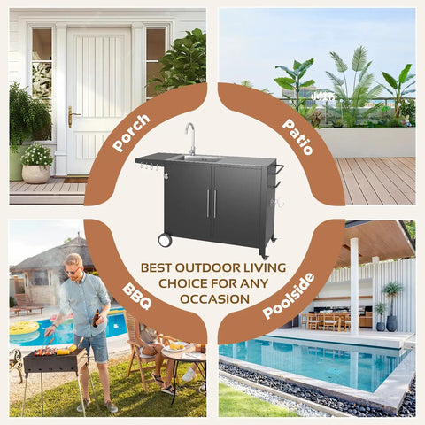 Outdoor Kitchen Sink With Hose Hookup And Stainless Steel Prep Table, Rolling Pizza Oven Stand And BBQ Grill Table, installed