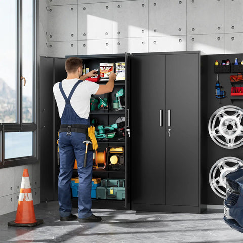 Person organizing tools in Heavy Duty Metal Garage Storage Cabinet With Doors And Adjustable Shelves 71 Inch Tall Steel Locker