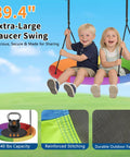 Heavy Duty Swing Set Frame With Stand For Backyard Fun 440 Lb Capacity 3 In 1 Swing Set With Saucer Swing And Belt Swing Adjustable Height For Kids Teens And Outdoor Play, featuring two happy children on a colorful saucer swing demonstrating safety and spaciousness.