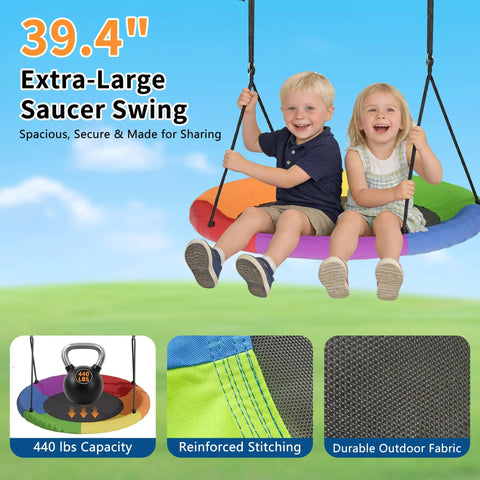Heavy Duty Swing Set Frame With Stand For Backyard Fun 440 Lb Capacity 3 In 1 Swing Set With Saucer Swing And Belt Swing Adjustable Height For Kids Teens And Outdoor Play, featuring two happy children on a colorful saucer swing demonstrating safety and spaciousness.