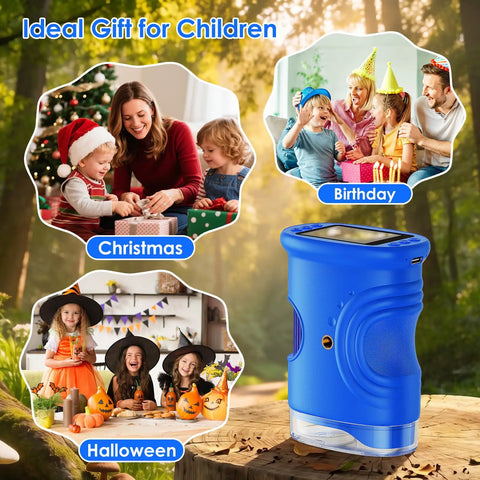 4K 1000X Handheld Digital Microscope For Kids With 2.0 Inch IPS Screen And USB Live Preview Ultra Zoom For Leaves Coins Fabric Insects And Tiny Details blue handheld digital microscope on table, gift for children