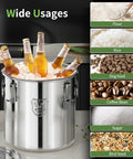 Heavy Duty Stainless Steel Airtight Food Storage Bucket With Secure Locking Lids Great For Bulk Rice Flour Dog Food Or Coffee filled with bottles on ice.