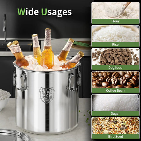 Heavy Duty Stainless Steel Airtight Food Storage Bucket With Secure Locking Lids Great For Bulk Rice Flour Dog Food Or Coffee filled with bottles on ice.