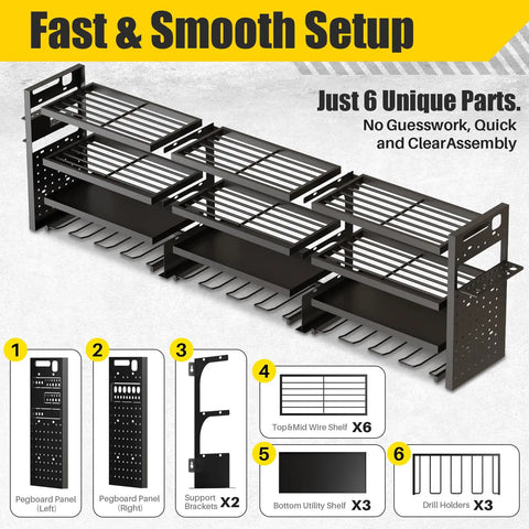 Beefy 49 Inch Wall Mount Power Tool Organizer With 620 Pound Capacity assembly diagram with components labeled for setup.