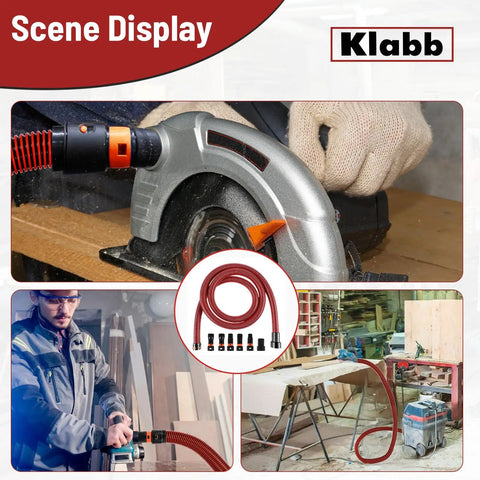 10 Foot Dust Collection Hose Kit With 6 Universal Adapters connected to various woodworking tools in a workshop setting.