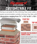 Stainless Steel Chimney Cap For Secure Birdproofing And Debris Shield Bolt On Chimney Cover Fits 13 By 13 In Flue Tiles Easy Install Vent Cap With Hood Plate Keeps Rain And Downdrafts Out shown on a brick chimney with sizing guide.
