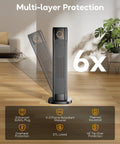 Indoor And Outdoor 1500W Tower Heater And Fan Combo with remote, black, shown in living room with protection features displayed.
