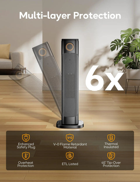 Indoor And Outdoor 1500W Tower Heater And Fan Combo with remote, black, shown in living room with protection features displayed.