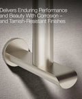 Close-up of Avid Vertical Toilet Paper Holder in Brushed Nickel Finish No Fuss Quick Change Sleek Modern Bathroom Accessory