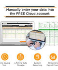 Small Business Starter Time Clock Bundle with Employee Punch Clock System Loaded with One Hundred Time Cards showing Cloud data entry interface on laptop.