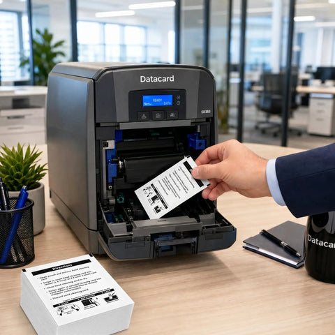 Top Shelf Card Printer Deep Clean Kit With Five Adhesive Rollers And Five Premium Maintenance Cards For SP Series Printers in use with a Datacard printer.