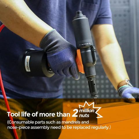 Heavy Duty Pneumatic Rivet Nut Tool Trade Grade Air Riveter setting kit held by person, used for M3 to M12 threaded inserts.
