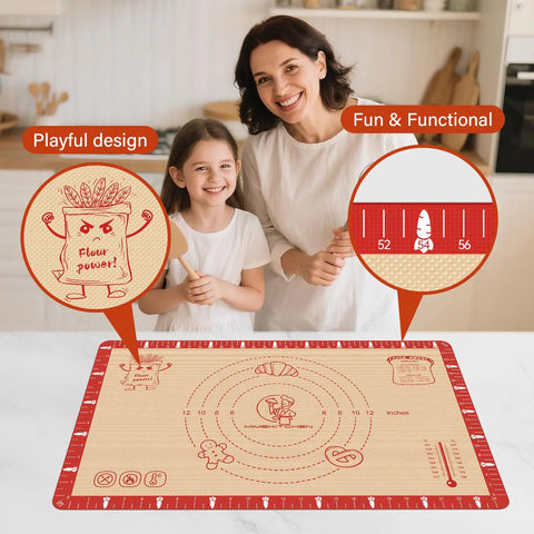 Mother and daughter using Extra Thick Non Slip Silicone Baking Mat 32 By 24 Inch with playful design and dual color measurements.