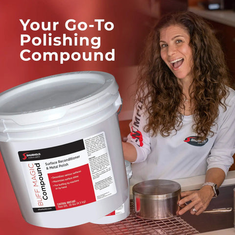 Smiling person with Buff Magic Compound The Go To Multi Purpose Restoration Polish For Stainless Hardware And Railings 10lb Pink bucket