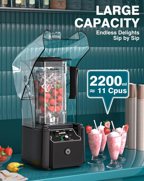 K90 Replacement Pitcher Cup for WantJoin Blender Shield Enclosure, 2200ml Capacity, showing blended strawberries in quiet operation setup.