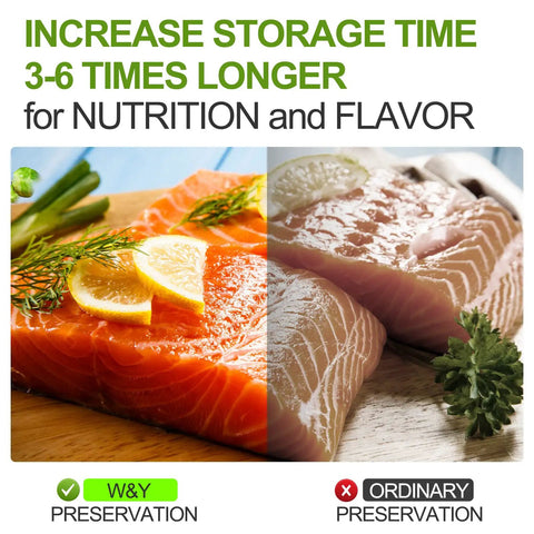 Comparison of vacuum-sealed salmon with Single-Ply Vacuum Sealer Bags 6x10 Inch Quart Size Pre-Separated Boss-Level Pro Grade BPA Free.