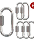Six Pack Carbon Steel Chain Quick Links With M3 Quick Locking Carabiner Set shown in a group, oval shape, corrosion resistant