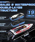 19 inch Beast Speed Brushless RC Boat with sealed waterproof double-layer, exterior hatch, and battery cover visible.