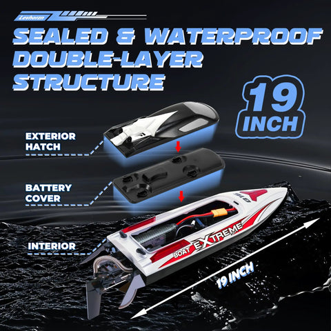 19 inch Beast Speed Brushless RC Boat with sealed waterproof double-layer, exterior hatch, and battery cover visible.