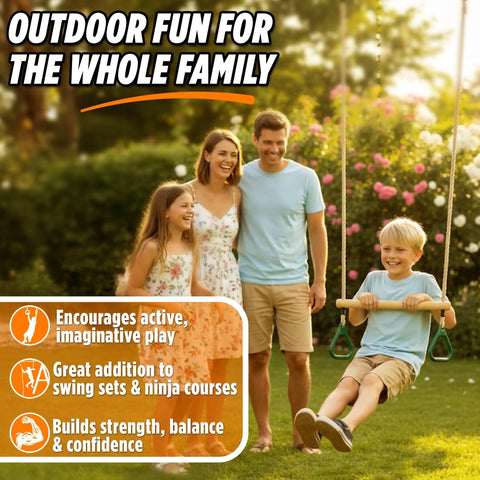 Family enjoying backyard with Kids Trapeze Bar With 18 Inch Adjustable Height And Gym Rings For Swing Sets Ninja Warrior Obstacle Course Jungle Gym Playground Attachments Durable Easy Install Backyard Fun.