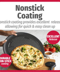 Person holding AirPerfect Nonstick 15.75 Inch Pizza Pan Set Of 2 For Oven Perforated Carbon Steel Trays with a baked pizza on it.
