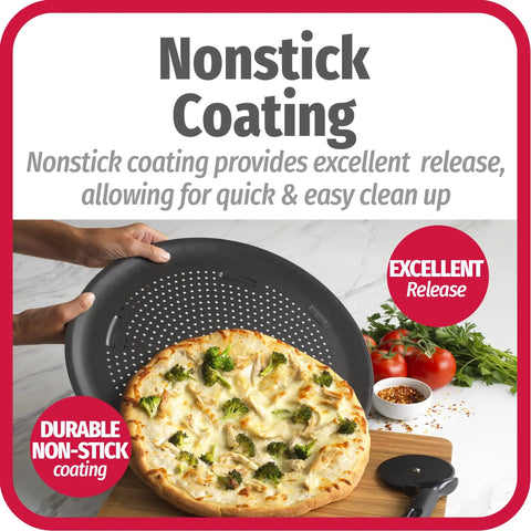 Person holding AirPerfect Nonstick 15.75 Inch Pizza Pan Set Of 2 For Oven Perforated Carbon Steel Trays with a baked pizza on it.