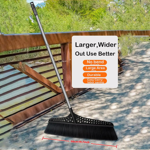 Heavy Duty Outdoor Angle Broom With 20 Inch Wide Base And 51 Inch Extended Handle Sweeper featuring thick bristles on a path.