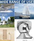Magnetic Door Stopper For Marine Boats And RVs 316 Stainless Steel Door Catch Magnet Holder For Yacht Accessories And Motorhome Built Tough Easy Install No Sweat Heavy Duty shown with dimensions and uses.