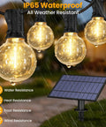 Bold 25 Foot Solar Powered String Lights Outdoor Waterproof With 11 Shatterproof G40 LED Bulbs showcasing rain and solar panel.