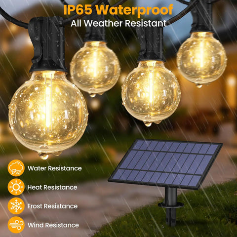 Bold 25 Foot Solar Powered String Lights Outdoor Waterproof With 11 Shatterproof G40 LED Bulbs showcasing rain and solar panel.