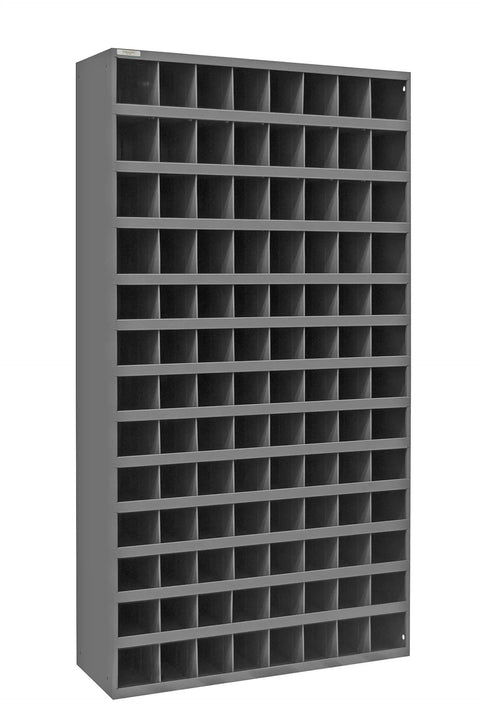 Built Tough Cold Rolled Steel Parts Bin Cabinet Featuring Slick Tilting Shelves And 104 Quick Grab Slots For Garage Organization Shop Essentials Gray Powder Coated Finish Ships Assembled, showcasing 104 slots.
