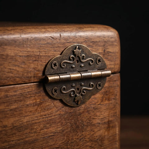 Antique Style Jewelry Box Hardware Kit With Hinges Latch And Padlock Key for DIY Woodworking on wooden chest corner close-up