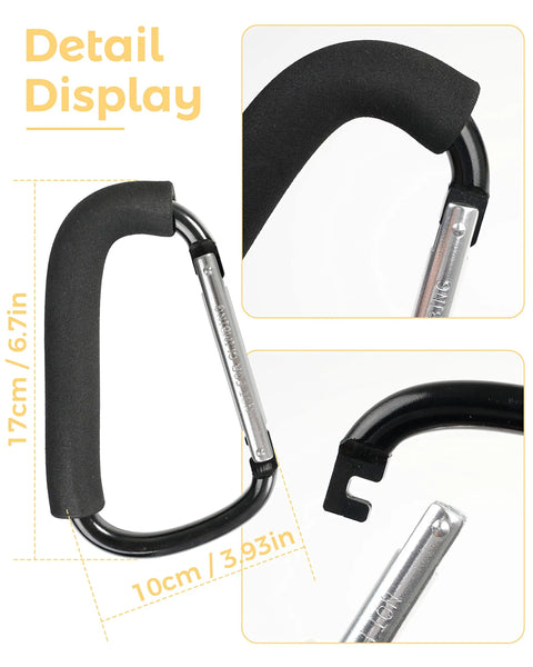 Two Pack Large Stroller Hooks Clip detail showing foam grip and aluminum structure measuring 17cm by 10cm.