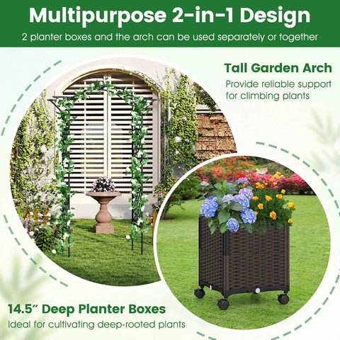 Image of a Garden Arch With Planters And No Fuss Self Watering Boxes On Wheels, showing the arch with climbing vines and planter box details.