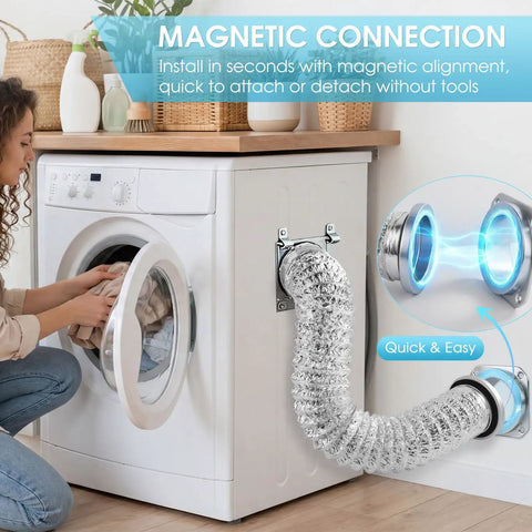 Magnetic Dryer Vent Connector Kit For Tight Spaces With 4 Inch Aluminum Foil Hose in use on washing machine