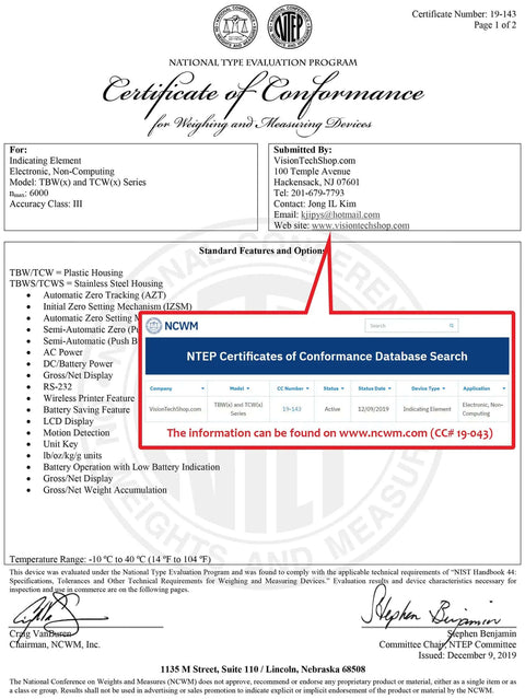 NTEP Certificate of Conformance for TBW 200 Bench Scale For Warehouse And Shipping With Lb Kg Switchable 200lb Capacity 0.05lb Readability