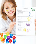 Girl with science-themed stamps and temporary tattoos holding quiz, featuring Science Themed Party Favors Set With 24 Temporary Tattoos And 12 Stamps Educational Classroom Decorations And Goodie Bag Prizes For Teachers And Students Fun Birthday Card Supplies And Rewards