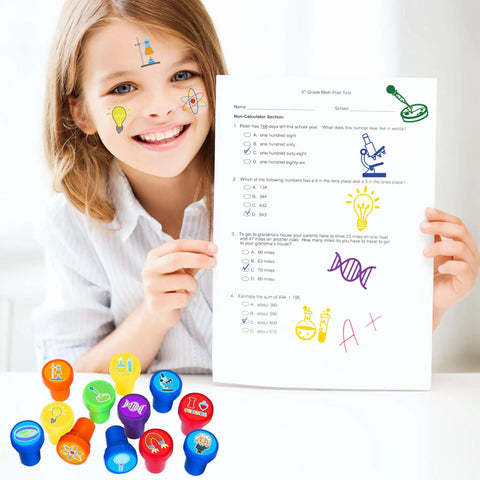 Girl with science-themed stamps and temporary tattoos holding quiz, featuring Science Themed Party Favors Set With 24 Temporary Tattoos And 12 Stamps Educational Classroom Decorations And Goodie Bag Prizes For Teachers And Students Fun Birthday Card Supplies And Rewards