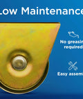 Close-up of Badass Heavy Duty Galvanized 4 Inch V Groove Wheel With Precision Bearing details, showcasing gold finish and easy assembly.