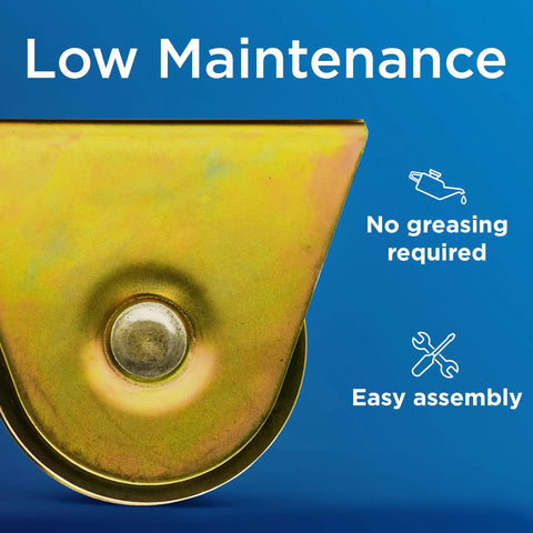 Close-up of Badass Heavy Duty Galvanized 4 Inch V Groove Wheel With Precision Bearing details, showcasing gold finish and easy assembly.