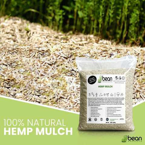 Natural Hemp Garden Mulch Soil Conditioner For Moisture Retention And Weed Suppression Ideal For Flower And Vegetable Beds This Eco Friendly Potting Aid Keeps Soil Rich And Healthy Grown In The US 25 Lb Bag hemp mulch bag beside mulched garden bed