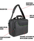 Grab And Go Console Carrying Case For Xbox Series S, Xbox One, And Xbox 360, Water Resistant Travel Case with green trim, shoulder strap, and handle