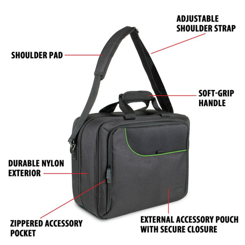 Grab And Go Console Carrying Case For Xbox Series S, Xbox One, And Xbox 360, Water Resistant Travel Case with green trim, shoulder strap, and handle