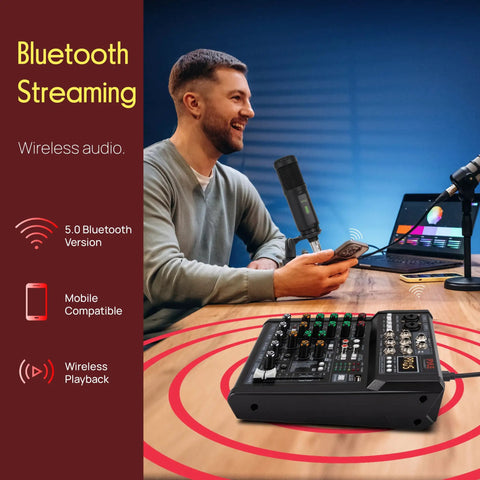 Six Channel Studio Mixer With Bluetooth Road Ready USB Audio Interface Built In MP3 Player DSP Effects Phantom Power XLR