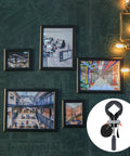 Wall with framed photos and overlay image of 4 Piece Right Angle Photo Frame Clamp Set With Quick Tension, Heavy Duty Workholding Straps For Picture Frames And Woodworking Projects, Adjustable Corner Clamps For Fast Secure Frame Assembly.