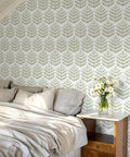Easy Peel And Stick Green Leaf Wallpaper For Walls Boho Floral Decal Removable Vinyl Wall Covering With Zero Residue Backing installed in stylish bedroom.