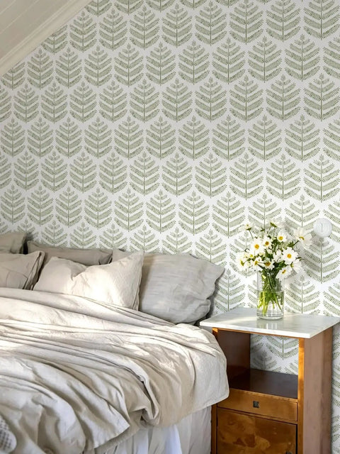Easy Peel And Stick Green Leaf Wallpaper For Walls Boho Floral Decal Removable Vinyl Wall Covering With Zero Residue Backing installed in stylish bedroom.
