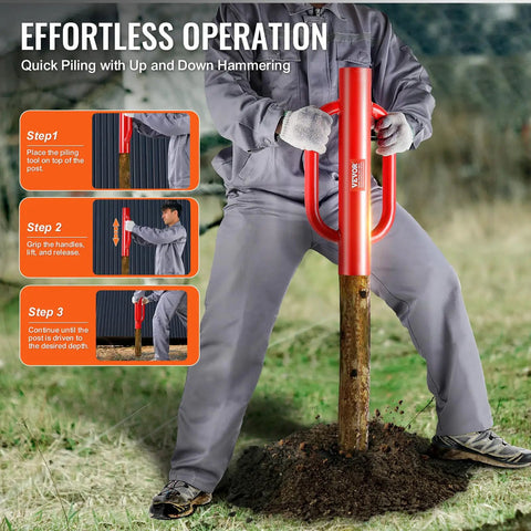Person using Fence Post Driver And Pounder With Ergonomic Handles, 22Lb Heavy Duty Workhorse Carbon Steel Post Rammer, 4.11 Inch Inner Diameter.